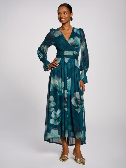Jolie Moi Long Sleeve V-Neck Mesh Maxi Dress, Teal Floral, Teal Floral