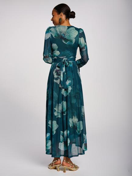 Jolie Moi Long Sleeve V-Neck Mesh Maxi Dress, Teal Floral - view 2, Teal Floral