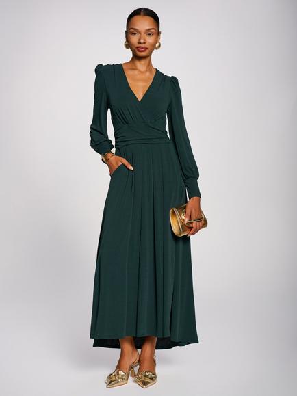 Jolie Moi Long Sleeve V-Neck Jersey Dress, Dark Green