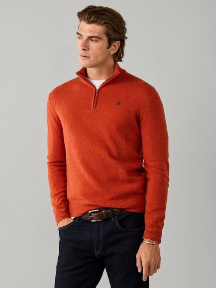 Hackett London Half Zip Lambswool Jumper, Spice Orange
