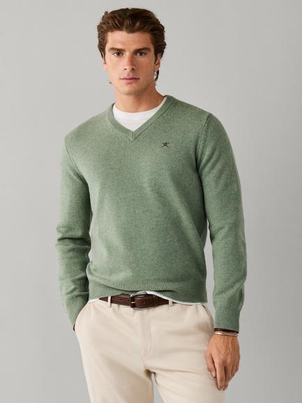 Hackett London Lambswool V-Neck Jumper, Vintage Green