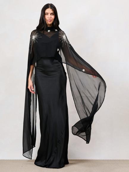 Hope & Ivy The Annaka Embellished Cape Dress, Black, Black