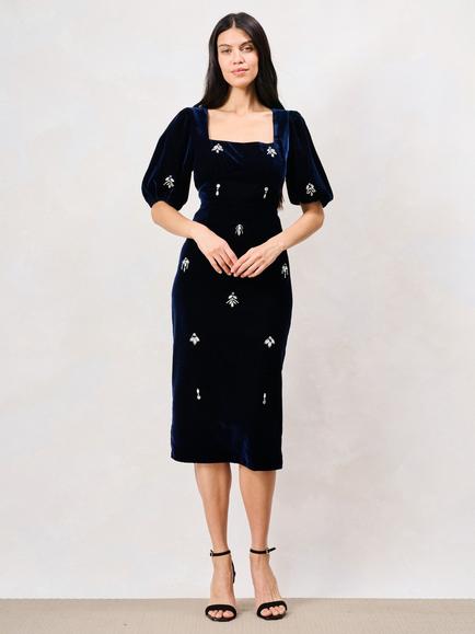 Hope & Ivy The Veloura Embellished Velvet Dress, Dark Blue, Dark Blue