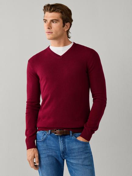 Hackett London V Neck Merino Wool Blend Jumper, Oxblood Red