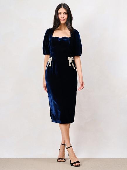 Hope & Ivy The Averie Velvet Midi Dress, Dark Blue - view 2, Dark Blue