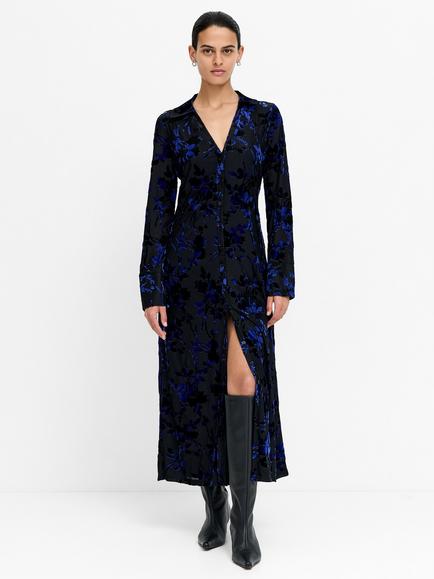 French Connection Idina Floral Velvet Devore Dress, Black/Cobalt/Blue, Black/Colbalt Blue
