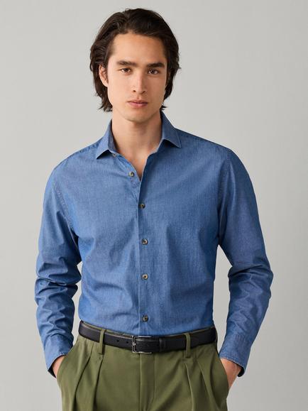 Hackett London Clean Chambray Cotton Tailored Fit Shirt, Denim Blue, Denim Blue