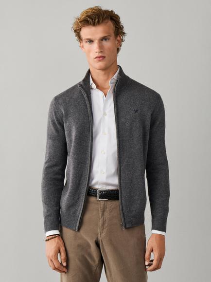 Hackett London Lambswool Zip Neck Cardigan, College Grey
