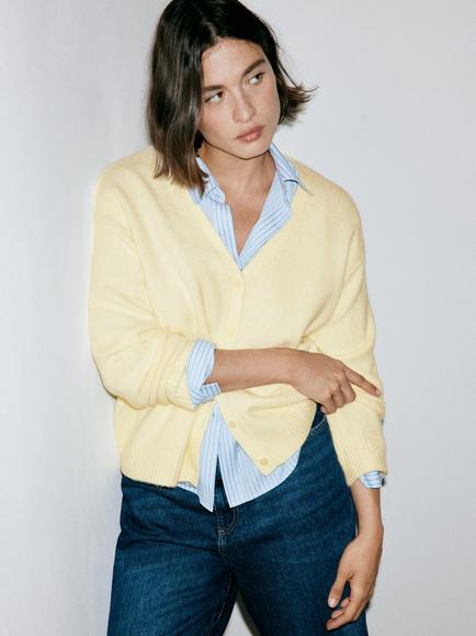 Mango V-Neck Soft Knit Cardigan, Pastel Yellow, Pastel Yellow