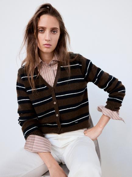 Mango Striped Knit Cardigan, Brown, Brown