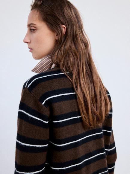 Mango Striped Knit Cardigan, Brown - view 2, Brown