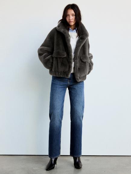 Mango Faux Fur Funnel Neck Plush Cocoon Coat, Grey, Grey