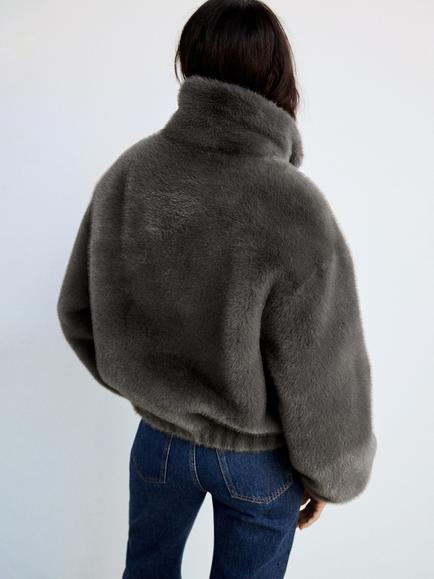 Mango Faux Fur Funnel Neck Plush Cocoon Coat, Grey - view 2, Grey
