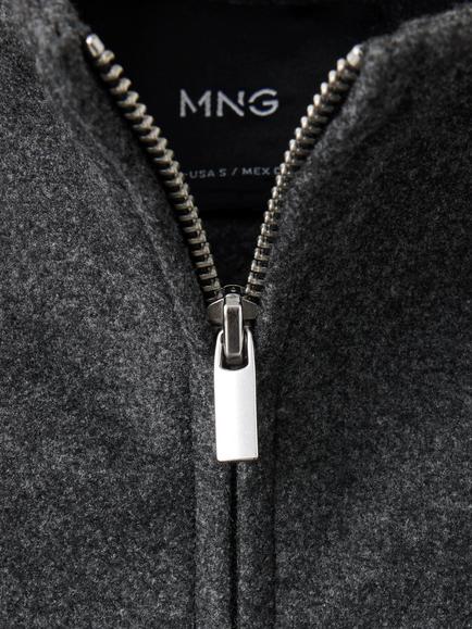 Mango High Neck Textured Zip Through Jacket, Grey - view 2, Grey