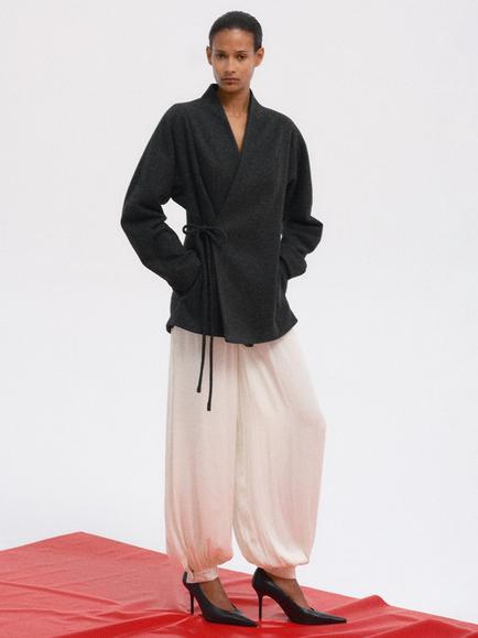 Mango Draped Belted Wrap Coat, Anthracite - view 2, Anthracite