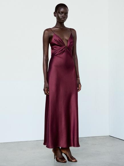 Mango Satin Twist Cami Maxi Dress, Garnet, Garnet