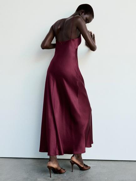 Mango Satin Twist Cami Maxi Dress, Garnet - view 2, Garnet