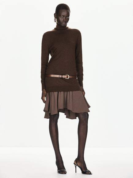 Mango Draped Roll Neck Fluted Hem Knit Dress, Chocolate, Chocolate