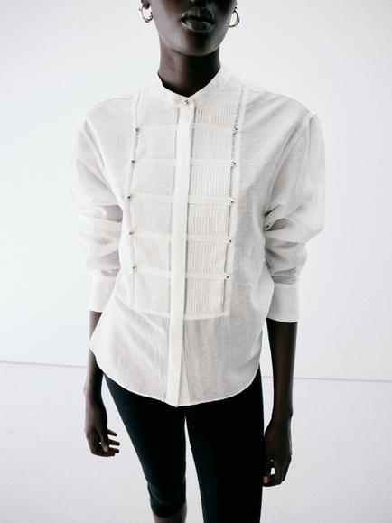 Mango Tailored Mandarin Collar Pleated Shirt, White, White