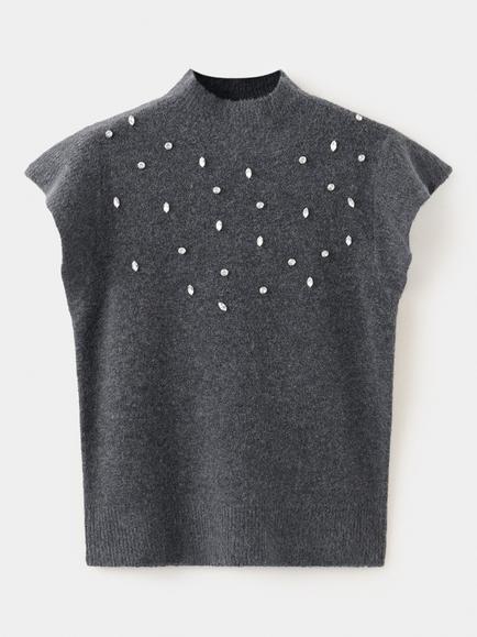 Mango Mock Neck Beaded Sleeveless Knit Top, Anthracite, Anthracite