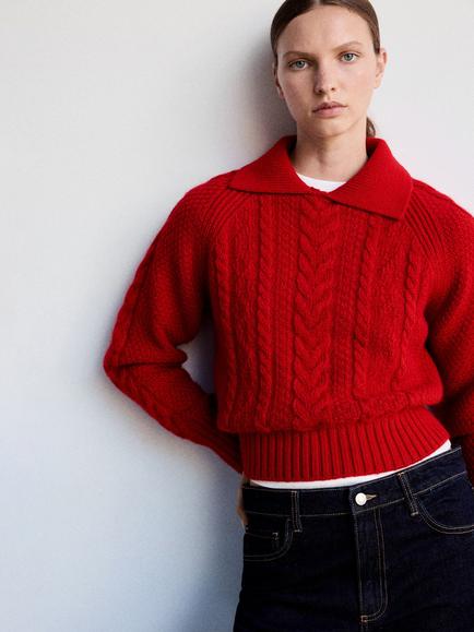 Mango Cable Knit Collared Cropped Jumper, Red, Red