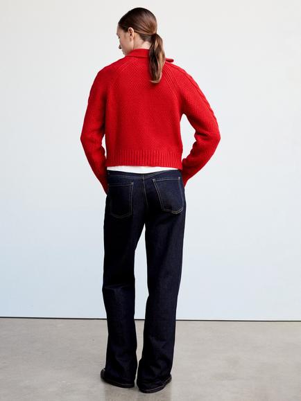 Mango Cable Knit Collared Cropped Jumper, Red - view 2, Red