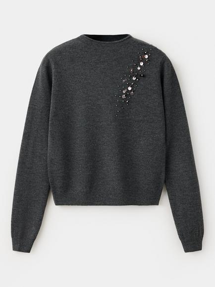 Mango Sequin Embellished High Neck Knit Jumper, Anthracite, Anthracite