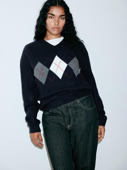 Mango Argyle Knit V-Neck Jumper, Navy, Navy