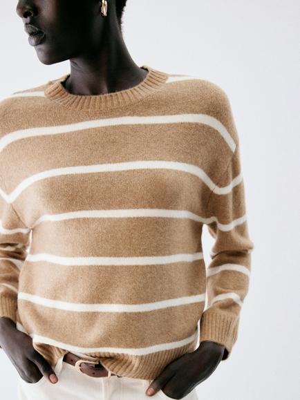 Mango Relaxed Stripe Knit Jumper, Camel