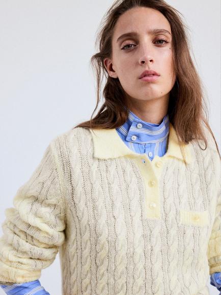 Mango Fine Cable Knit Polo Jumper, Vanilla