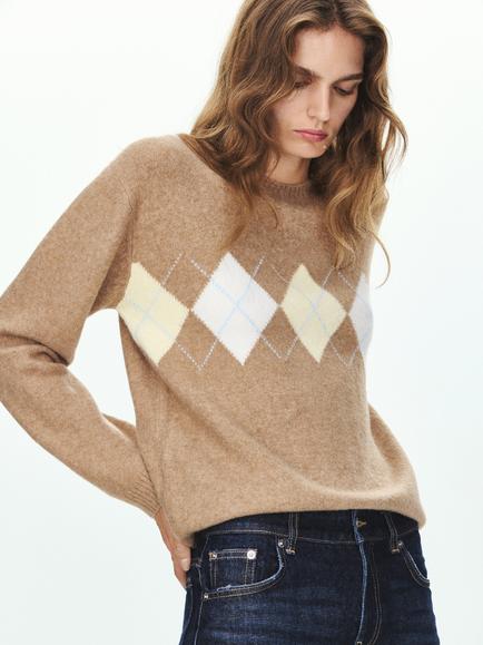 Mango Argyle Crew Neck Knit Jumper, Camel, Camel
