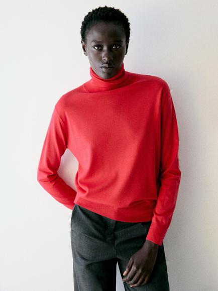 Mango Roll Neck Fine Knit Jumper, Red