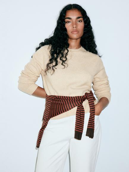 Mango Round Neck Jumper, Stone, Stone