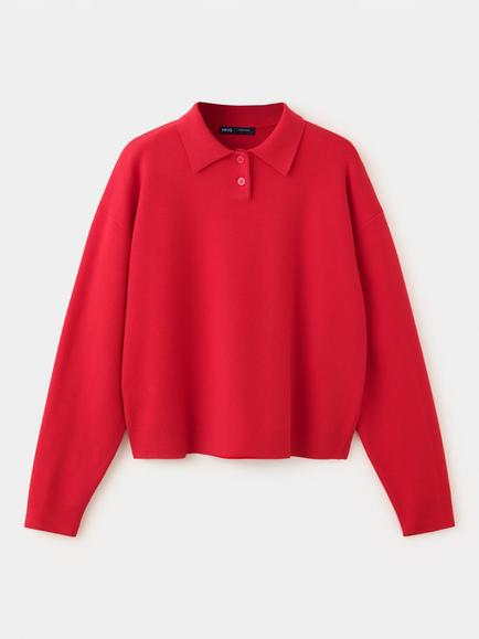 Mango Knitted Polo Jumper, Red, Red