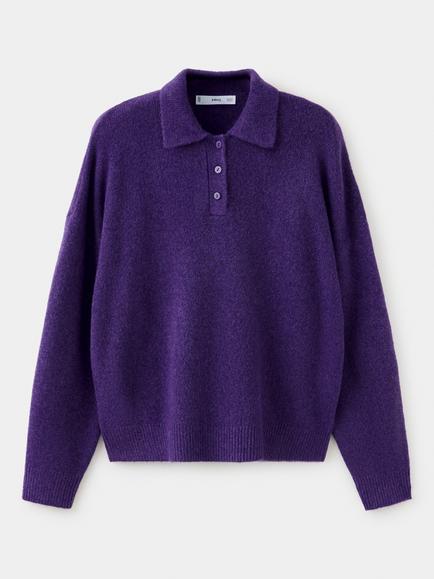 Mango Plain Knit Polo Jumper, Plum, Plum