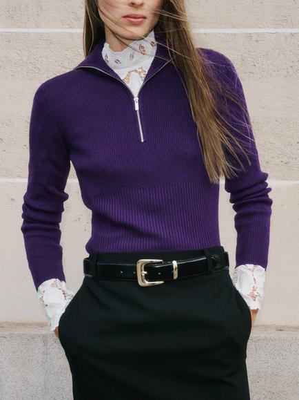 Mango Ribbed Half Zip High Neck Jumper, Purple, Purple