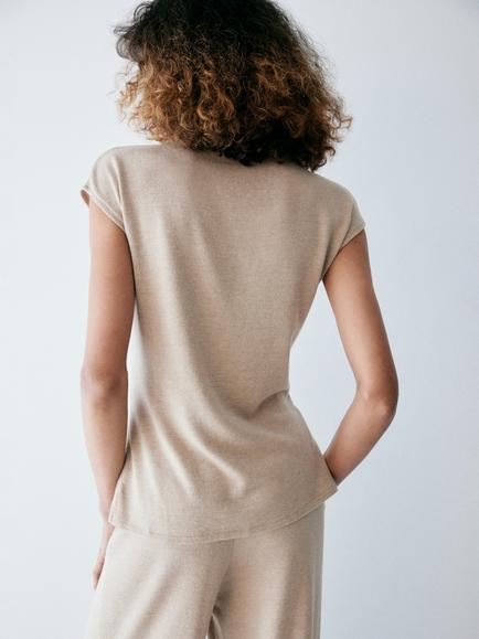 Mango Mock Neck Brooch Detail Knit Top, Sand - view 2, Sand