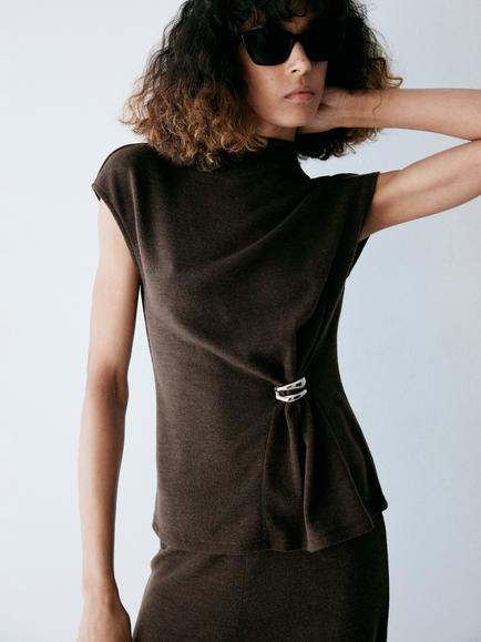 Mango Mock Neck Brooch Detail Knit Top, Chocolate, Chocolate