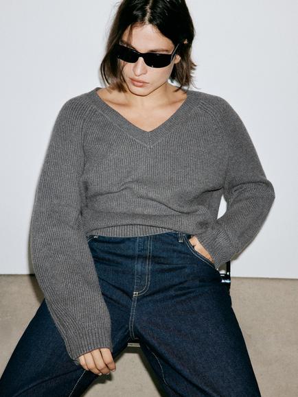 Mango Relaxed Ribbed V-Neck Jumper, Mid Grey Melange, Mid Grey Melange