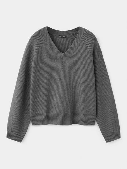 Mango Relaxed Ribbed V-Neck Jumper, Mid Grey Melange - view 2, Mid Grey Melange
