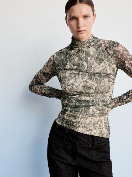 Mango Betty Ruched Roll Neck Animal Print Top, Sand, Sand