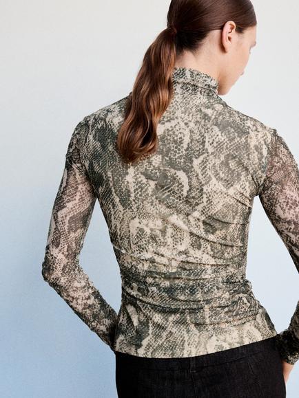 Mango Betty Ruched Roll Neck Animal Print Top, Sand - view 2, Sand
