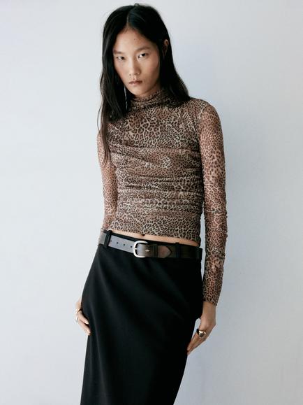 Mango Betty Ruched Roll Neck Animal Print Top, Brown, Brown
