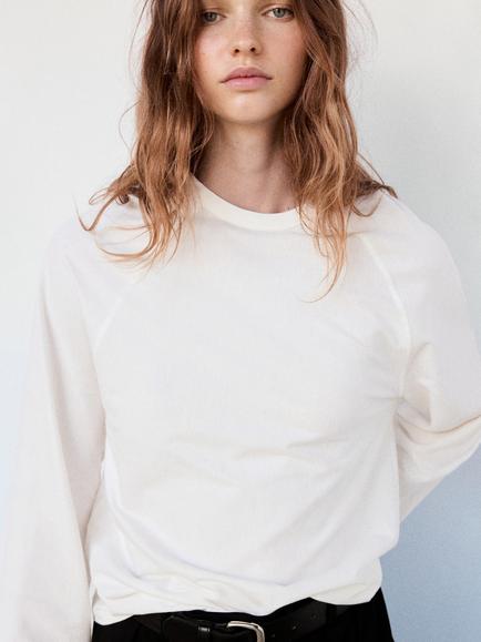Mango Pure Cotton Long Sleeve T-Shirt, White