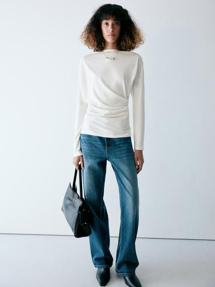 Mango Boat Neck Draped Jersey Top, Off White, Off White