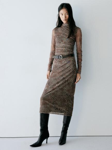 Mango Ruched High Neck Leopard Print Midi Dress, Brown, Brown