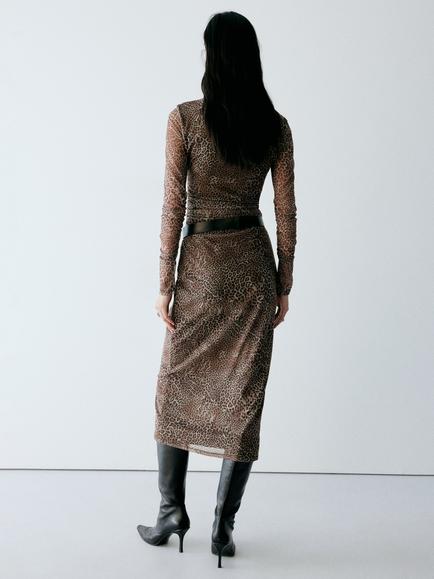 Mango Ruched High Neck Leopard Print Midi Dress, Brown - view 2, Brown