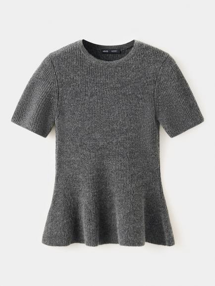 Mango Peplum Short Sleeve Ribbed Knit Top, Dark Grey Melange, Dark Grey Melange