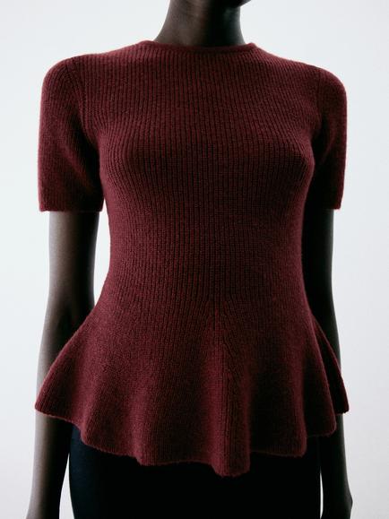 Mango Ribbed Knit Peplum Short Sleeve Jumper, Wine, Wine