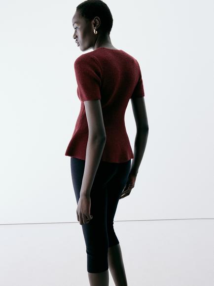 Mango Ribbed Knit Peplum Short Sleeve Jumper, Wine - view 2, Wine